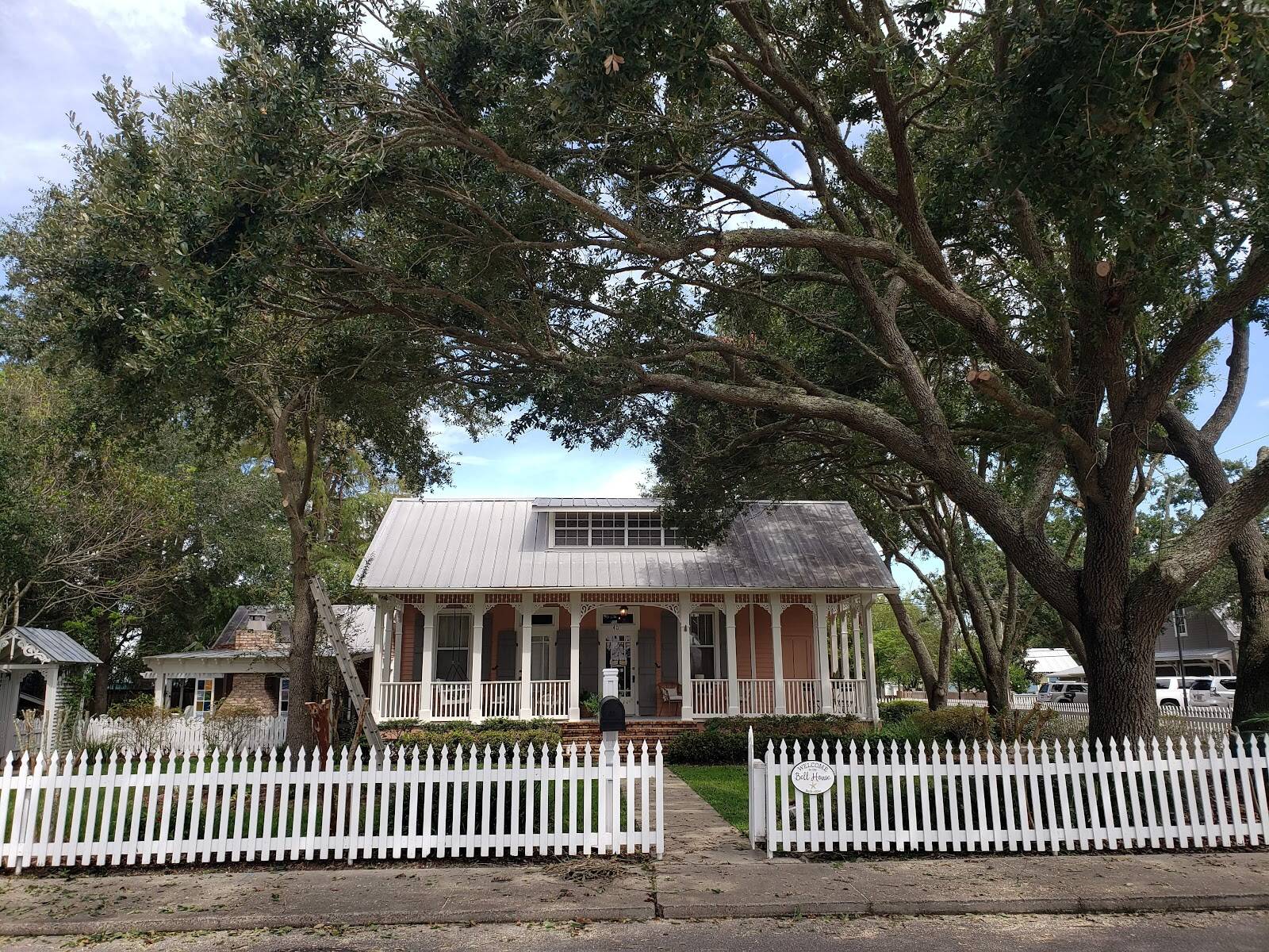 Large spreading live oaks over a white raised cottage with a metal roof and a white picket fence